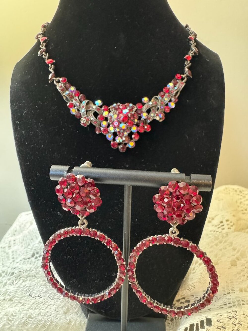 Vintage 1980s/1990s Garnet Red Rhinestone Necklace, Bracelet and Earrings Set